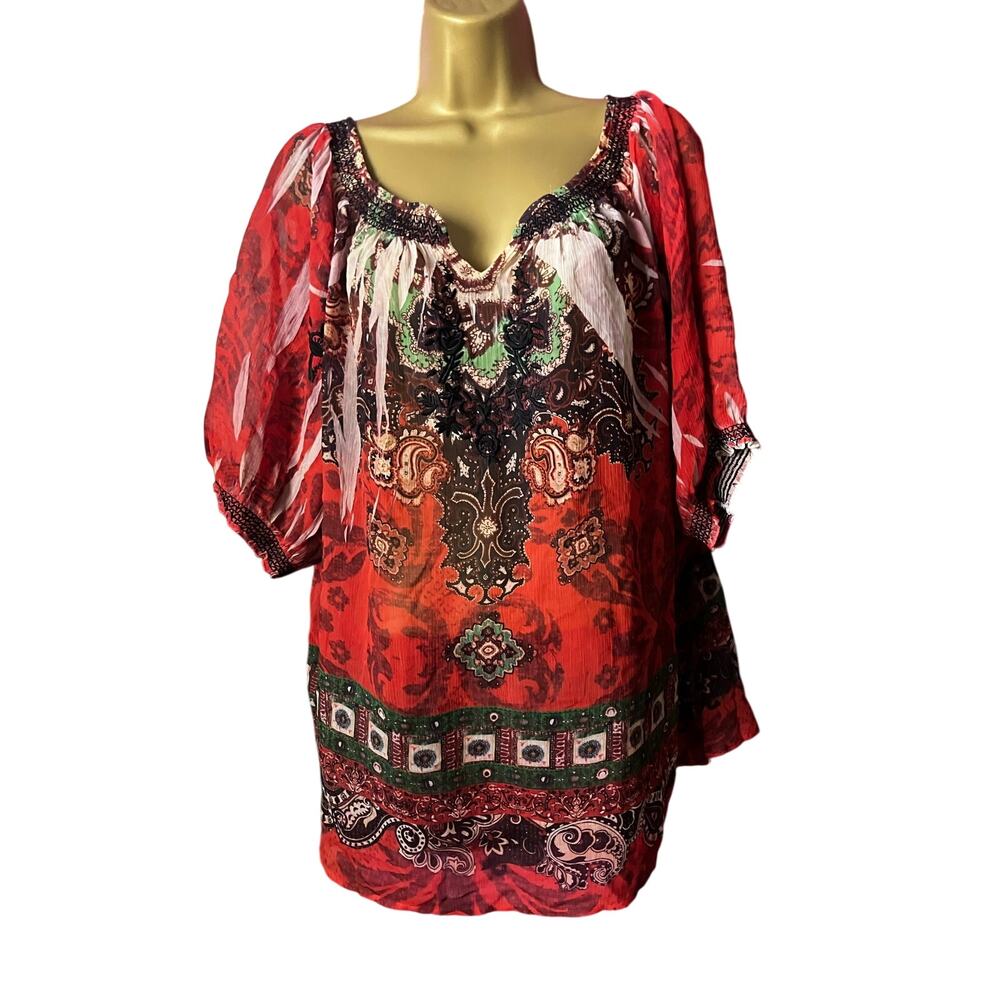 Lane Bryant Red Boho Y2K Blouse Plus Size 22/24 Flowy Festival Peasant Top